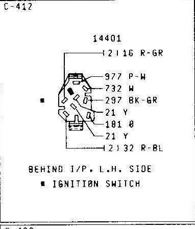 1979 Ford Bronco - Wiring connector diagram for ignition switch (C-412) behind I/P left side, listing pin wire numbers and color codes.