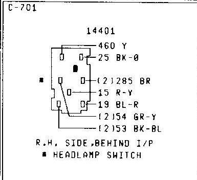 1979 Ford Bronco - Wiring connector diagram for headlamp switch (C-701) right side behind I/P, listing pin wire numbers and color codes.