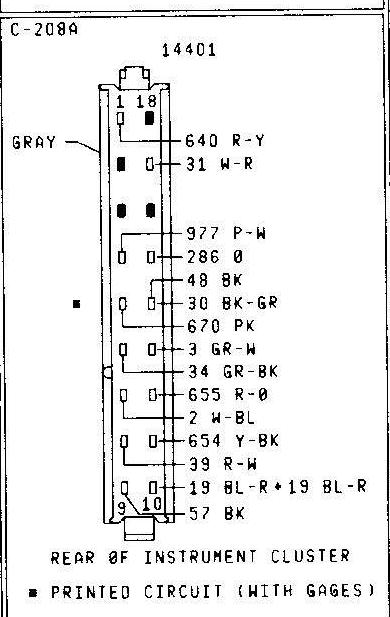 1979 Ford Bronco - Wiring connector diagram for rear of instrument cluster printed circuit (C-208A) listing pin wire numbers and color codes.
