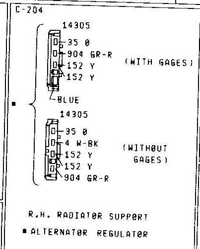 1979 Ford Bronco - Wiring connector diagram for alternator regulator (C-204) at right radiator support, showing pinouts with and without gages.