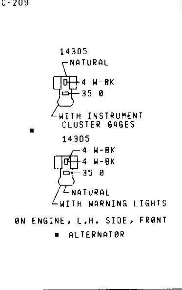 1979 Ford Bronco - Wiring connector diagram for alternator (C-209) on engine left side, showing pinouts for cluster gages and warning lights.
