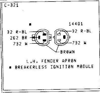 1979 Ford Bronco - Wiring connector diagram for breakerless ignition module (C-321) on left fender apron with pin wire numbers and color codes.