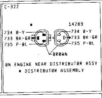 1979 Ford Bronco - Wiring connector diagram for distributor assembly (C-322) on engine near distributor, listing pin wire numbers and color codes.