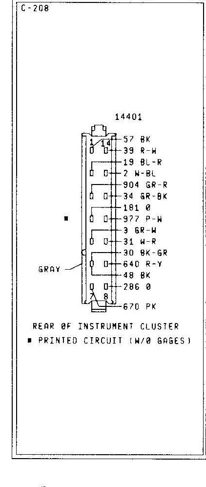 1979 Ford Bronco - Wiring connector diagram for rear of instrument cluster printed circuit (C-208) without gages, listing pin wire numbers and colors.