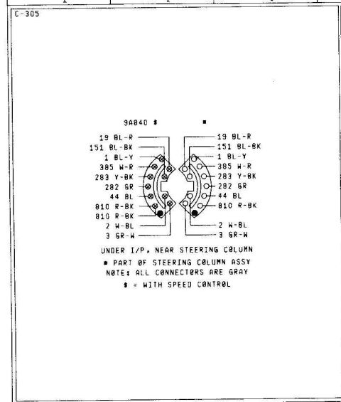 1979 Ford Bronco - Wiring connector diagram for steering column assembly (C-305) under I/P, listing all-gray connector pin wire numbers and colors.