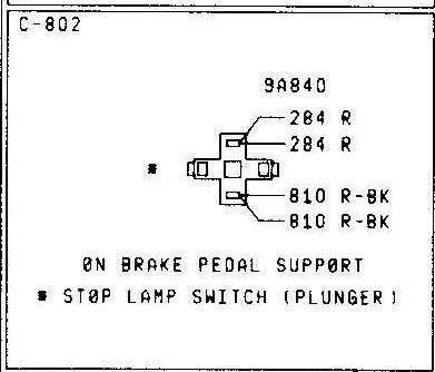 1979 Ford Bronco - Wiring connector diagram for stop lamp switch plunger (C-802) on brake pedal support with pin wire numbers and color codes.