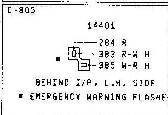 1979 Ford Bronco - Wiring connector diagram for emergency warning flasher (C-805) behind I/P left side with pin wire numbers and color codes.