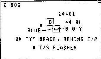 1979 Ford Bronco - Wiring connector diagram for turn signal flasher (C-806) on Y brace behind I/P with pin wire numbers and color codes.