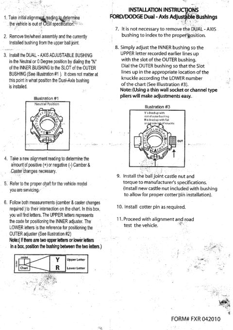 1993 Ford Bronco - This document provides installation instructions for Ford/Dodge Dual-Axis Adjustable Bushings, including diagrams.