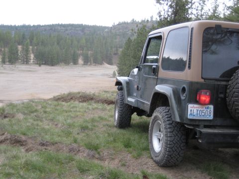 2005 Jeep Wrangler - This Jeep Wrangler is parked on a grassy incline with a dirt area and trees in the distance.