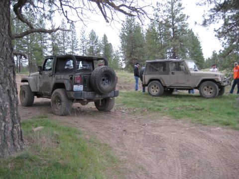 2005 Jeep Wrangler - Two Jeep Wranglers are seen off-road on a dirt path surrounded by trees. The registry claims the tan Jeep is a 2005 model.