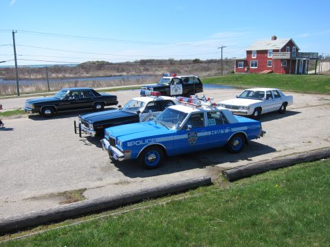 1991 Ford LTD Crown Victoria - Several police vehicles are parked in a lot near a body of water and a red building.