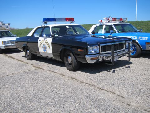 1991 Ford LTD Crown Victoria - Two police cars, one black and white and one blue, are parked outside on a sunny day.