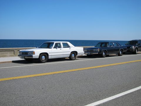 1991 Ford LTD Crown Victoria - A white 1991 Ford Crown Victoria LTD is parked alongside other vehicles with the ocean in the background.