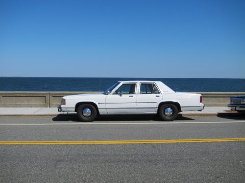 1991 Ford LTD Crown Victoria - A white sedan is parked along a coastal road with the ocean in the background.