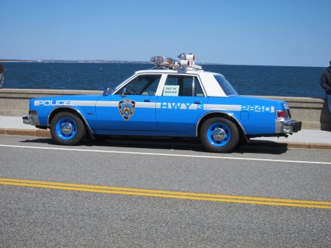 1991 Ford LTD Crown Victoria - Side view of a blue and white police car parked by the water.