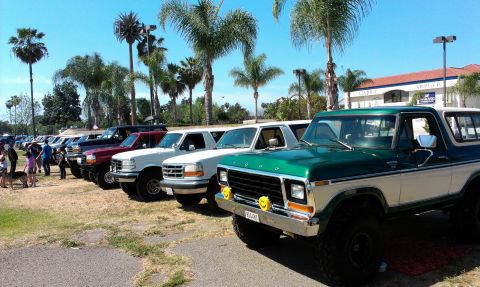 1994 Ford Bronco - A row of classic Ford Broncos and trucks are parked outdoors under palm trees on a sunny day.