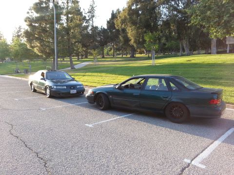1995 Ford Taurus - Two sedans are parked in a lot on a sunny day, with a grassy park area in the background.