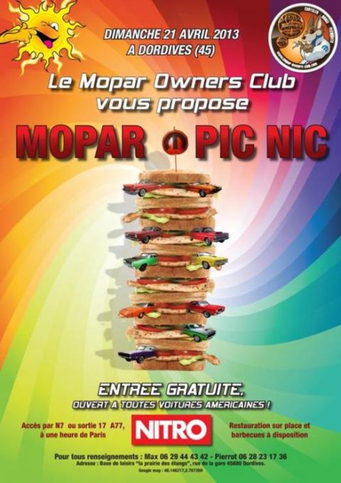 1991 Ford LTD Crown Victoria - Poster advertises a Mopar Owners Club picnic with free entry for American cars.