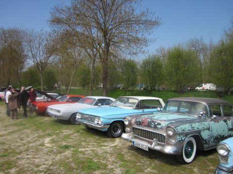 1991 Ford LTD Crown Victoria - A collection of classic automobiles are lined up on a grassy area under a clear blue sky.