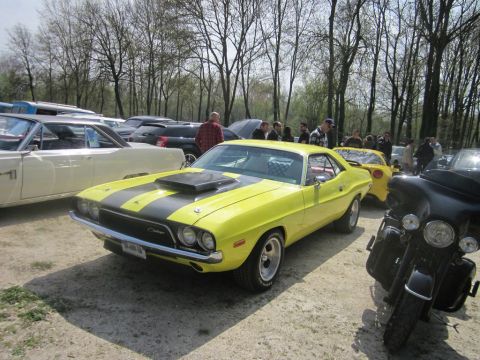 1991 Ford LTD Crown Victoria - A yellow Dodge Challenger with black stripes is parked at an outdoor event with other vehicles.
