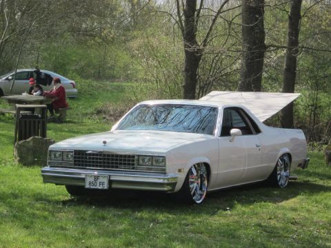 1991 Ford LTD Crown Victoria - White 1980s El Camino with custom wheels, hood open, parked in a grassy area with trees. People and another car in background.