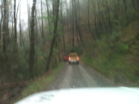 1992 Ford Bronco - Two vehicles travel down a muddy forest road, obscured by motion blur and trees.