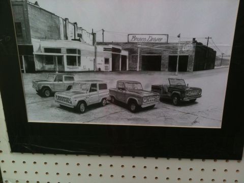 1992 Ford Bronco - Drawing depicts multiple generations of Ford Broncos outside a service station.