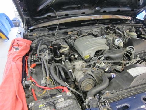 1991 Ford LTD Crown Victoria - The engine bay of a vehicle is shown with the hood open, revealing the motor and associated parts.