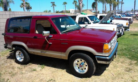 1994 Ford Bronco - A red Ford Bronco II is parked in a line of vehicles under palm trees.