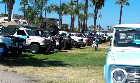 1994 Ford Bronco - A light blue and white 1992 Ford Bronco is parked on a grassy field with several other vehicles under a clear sky.