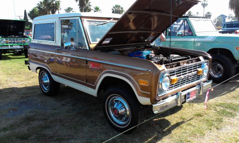 1994 Ford Bronco - A brown and white Ford Bronco is parked on grass with its hood open, alongside other vehicles.
