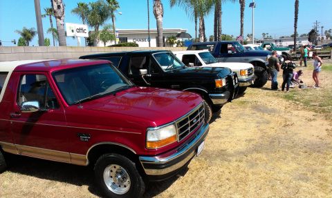 1994 Ford Bronco - A line of Ford Broncos and trucks are parked outdoors on a sunny day.