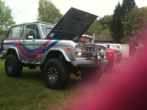 1992 Ford Bronco - A silver Ford Bronco with custom graphics is parked on grass with its hood open, alongside other vehicles.