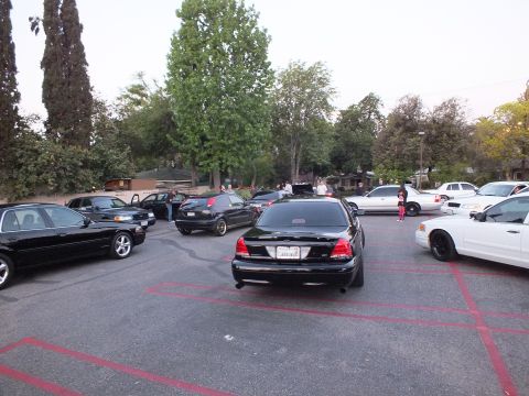 2003 Ford Crown Victoria - Black Ford sedan and white sedans angled across a parking lot as people walk between them