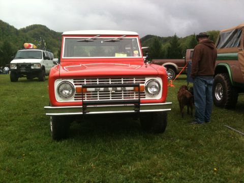 1992 Ford Bronco - A red 1978 Ford Bronco is parked on a grassy field, with other vehicles and a person with dogs in the background.