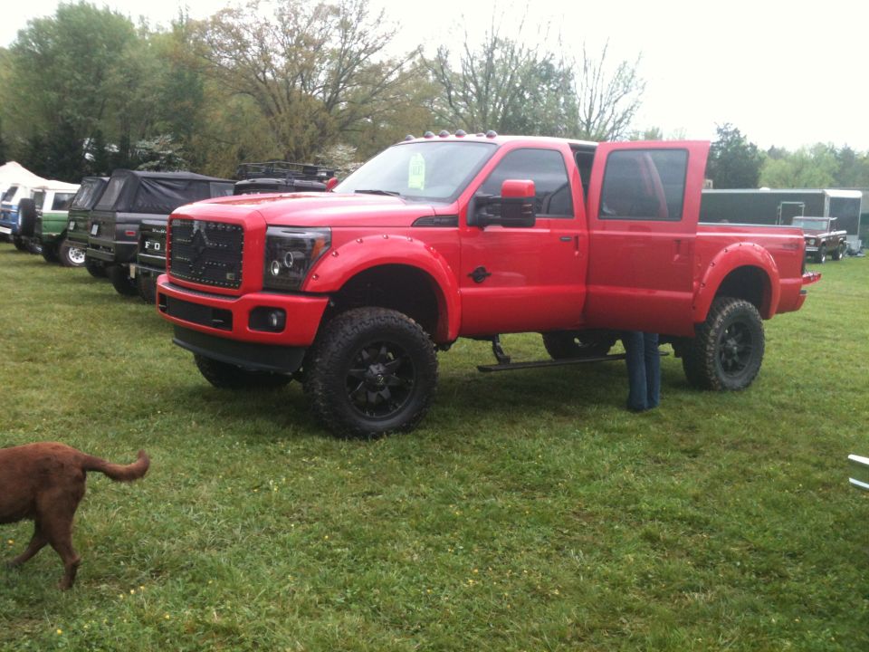 Red crew cab pickup truck with doors open, parked on grass with other vehicles in background. Dog in foreground