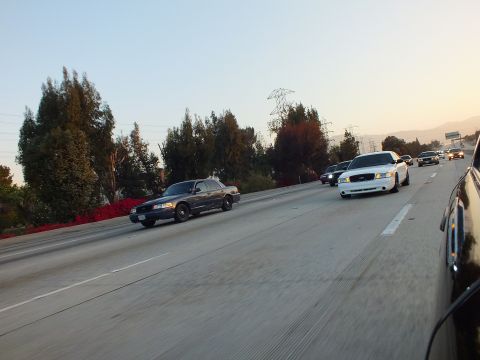 2003 Ford Crown Victoria - dark sedan and white sedan travel a tree-lined freeway under a fading sky.