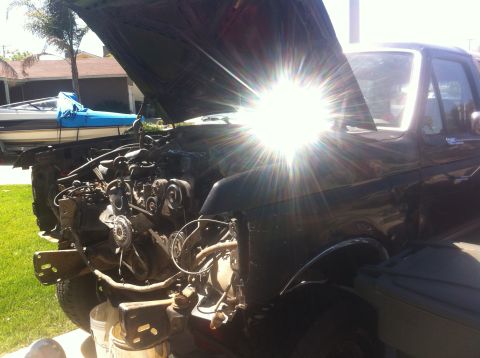 1989 Ford Bronco - The engine bay of a black truck, with the hood open and parts removed, is visible under bright sunlight.