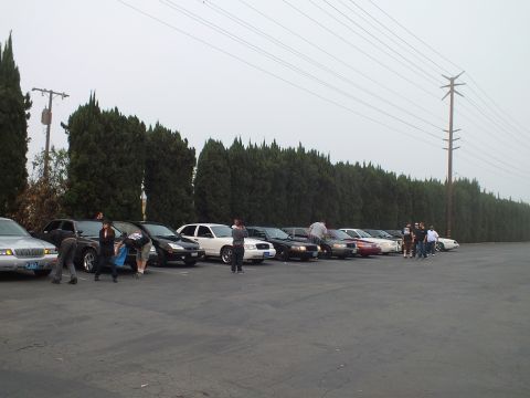 2003 Ford Crown Victoria - Group of full-size sedans parked in a row as attendees mill about a foggy lot.