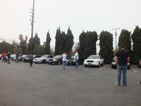 2003 Ford Crown Victoria - Attendees stand among parked sedans on a hazy gray morning at an outdoor gathering.