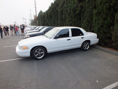 2003 Ford Crown Victoria - White Crown Victoria sits low on alloy wheels, side view, with a sedan lineup behind it.