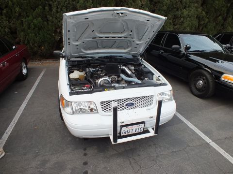 2003 Ford Crown Victoria - Hood-up white Crown Victoria reading GHST VIC reveals its engine, a black example parked at right.