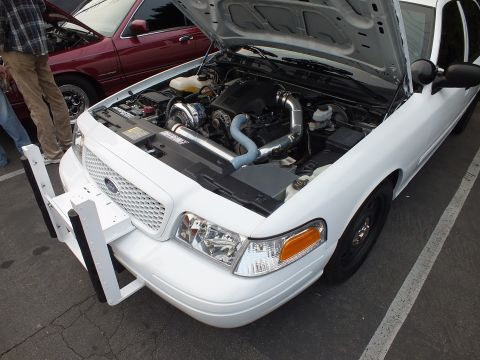 2003 Ford Crown Victoria - Open hood shows a turbo and intercooler plumbing crammed into a white Crown Victoria engine bay.