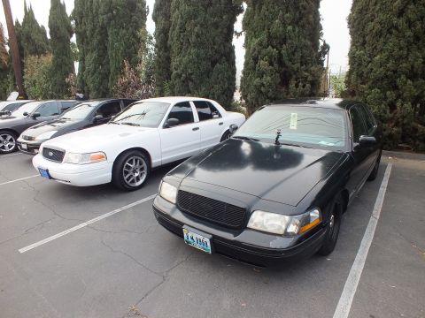 2003 Ford Crown Victoria - Matte-look black Crown Victoria parked front-on next to a white example along a tree line.