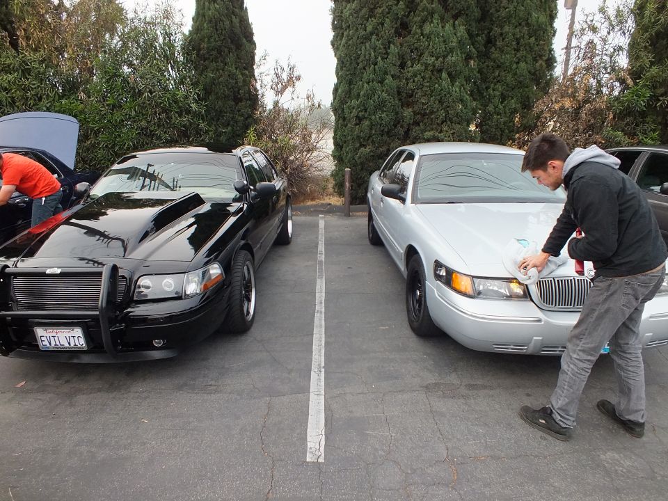Black Crown Victoria with push bar EVILVIC plate beside silver Lincoln Town Car