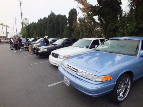 2003 Ford Crown Victoria - Lineup of Ford Crown Victoria sedans led by a light blue car with chrome wheels, spectators along the row