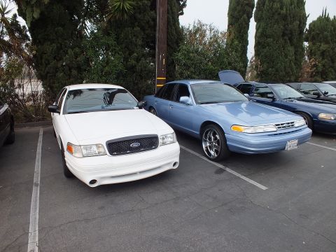 2003 Ford Crown Victoria - White Ford Crown Victoria next to a light blue Crown Victoria with chrome wheels and open trunk at a meet
