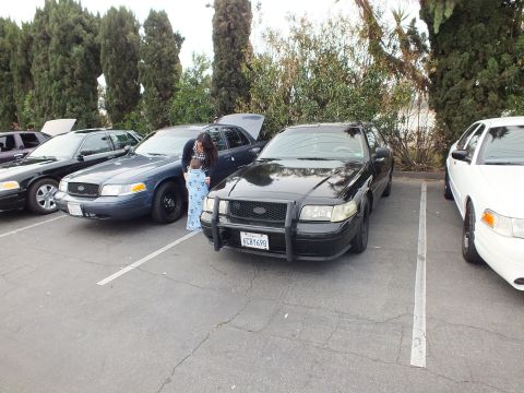 2003 Ford Crown Victoria - Black Ford Crown Victoria with push bar and plate 6CBY698, a woman in blue dress beside open-hood sedans
