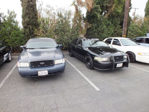 2003 Ford Crown Victoria - Gray Ford Crown Victoria with plate 9LIG753 next to a black push-bar Crown Victoria and a white sedan